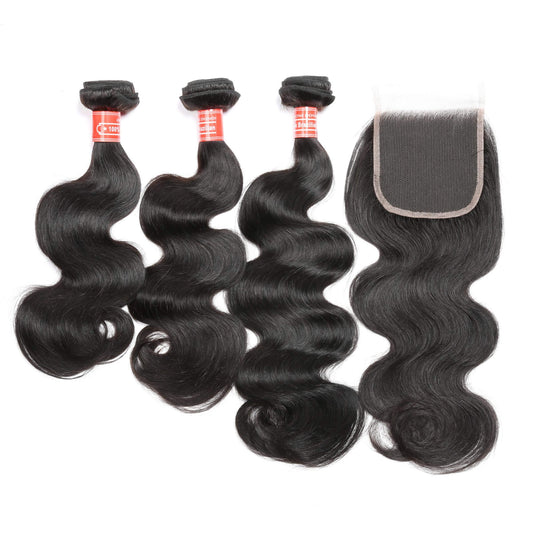 body wave human hair 3 bundles with closure 1