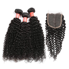 curly human hair 3 bundles with closure 1