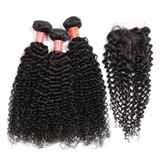 curly human hair 3 bundles with closure