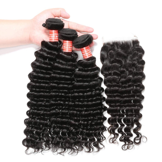 deep wave human hair 3 bundles with closure 1