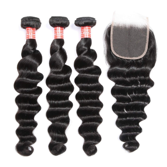 loose deep wave human hair 3 bundle with closure 1