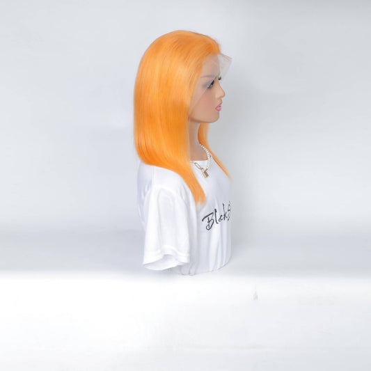 orange straight hair transparent lace frontal bob wig 1