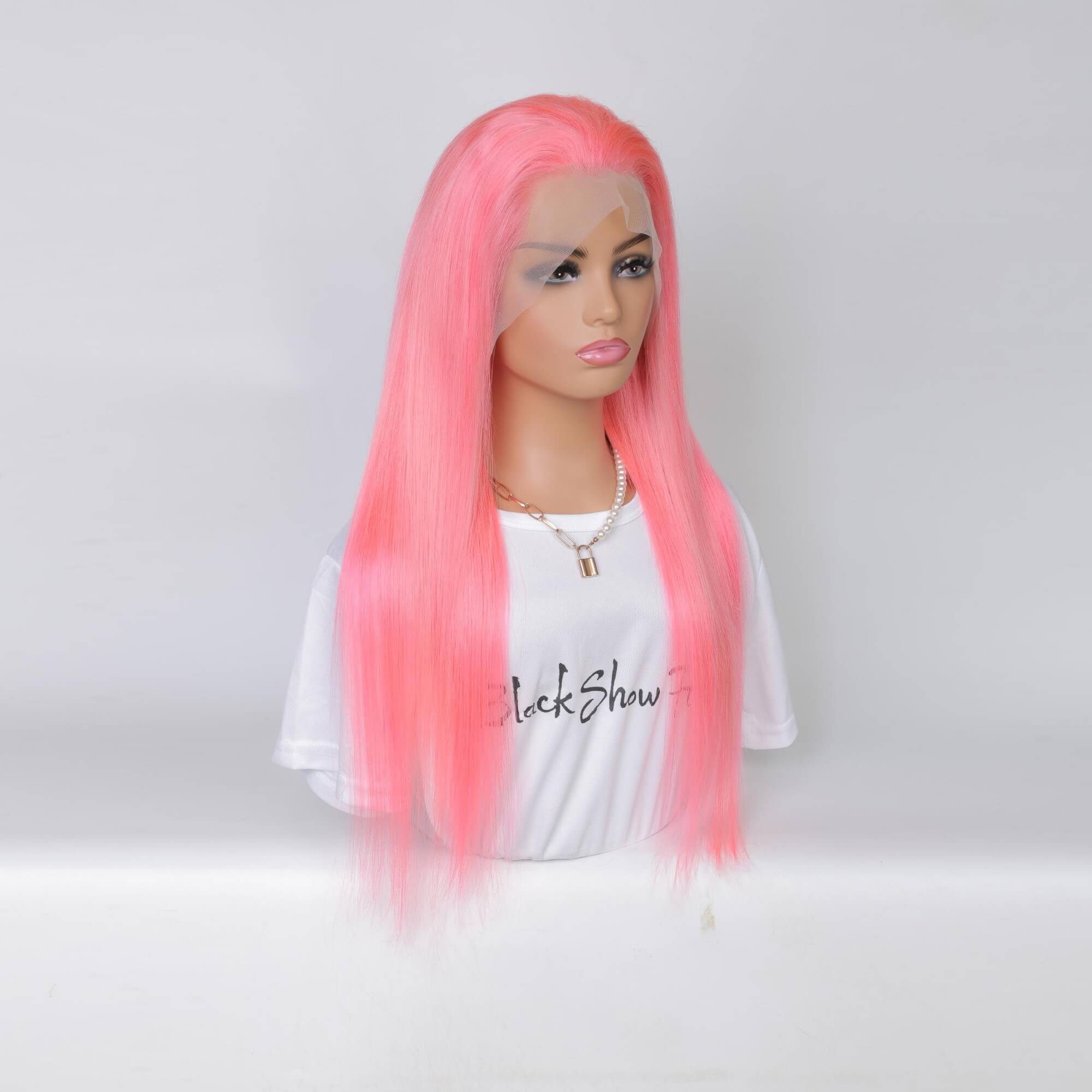 pink straight hair transparent lace frontal wig 2