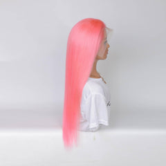 pink straight hair transparent lace frontal wig 3