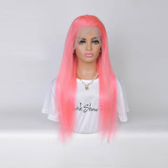 pink straight hair transparent lace frontal wig