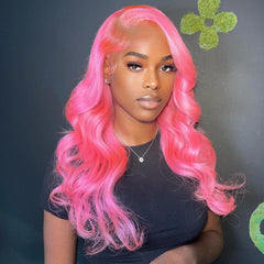 pink body wave hair model