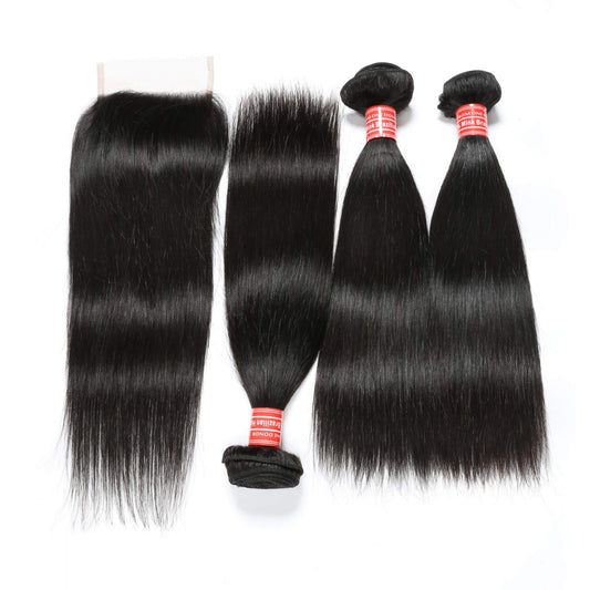 straight human hair 3 bundles with closure