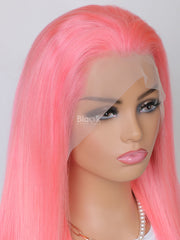 pink human hair 13x4 transparent lace wig straight hair 4